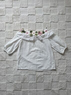 White Off-Shoulder Blouse with Pink Floral Embroidery